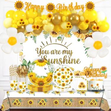 Imagem de 209 PCs Sunflower Party Decorations, Homond Sunflower Birthday Supplies You Are My Sunshine Backdrop Balloon Cutout Banner Tablecloth Cake Topper Plate Napkin Cup Straw Knife Spoon Fork Yellow