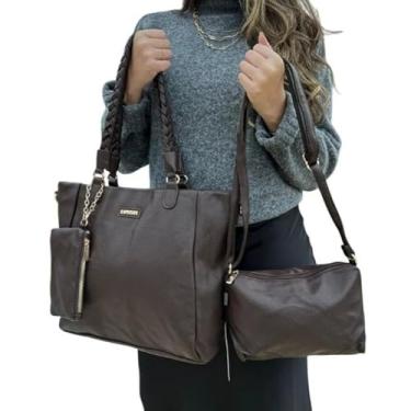 Imagem de Kit 3 Peças Bolsa Feminina Marrom com Alça Trançada, Conjunto de Bolsas
