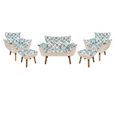 Imagem de Kit 01 Namoradeira com 02 Poltronas e 02 Puffs Opala Composê Suede com Estampado Traçado Azul D33 Pés Palito Castanho