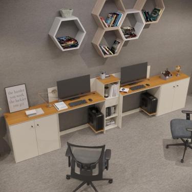 Imagem de Conjunto De Escritório Tech 1 Livreiro 2 Buffet E 2 Mesas 90 - Off White E Cedro Off White E Cedro