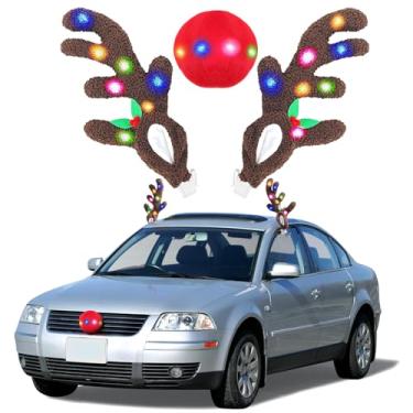 Imagem de Decoração de nariz e chifres de rena de carro de Natal, kit de chifres de rena com pré-luzes LED, acessórios para veículos de veado de Natal, Rudolph, exterior, decoração de férias para carro, SUV