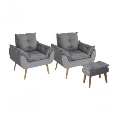 Imagem de Kit 02 Poltrona Decorativa Confortável Com Puff Glamour Opala Com Pés Quadrado Cinza