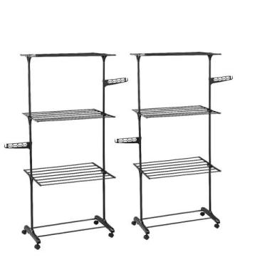 Imagem de Kit 2 Varal Chão Dobrável 3 Andares Grande Articulado Metal Preto 160c