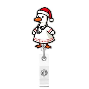 Imagem de Carretel de crachá de Natal retrátil com gansos fofos de desenho animado usando chapéus de Natal com clipe jacaré de 360°, presentes para enfermeiras, profissionais de saúde, acessórios de