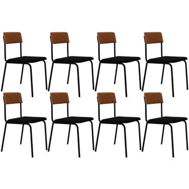 Imagem de Kit 08 Cadeiras Estofada Para Sala De Jantar Sense Preto C01 Linho Preto Courino Caramelo - Lyam Decor
