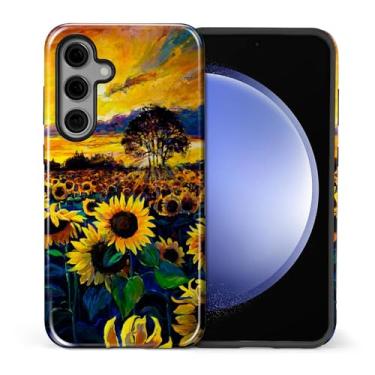 Imagem de Capa compatível com Samsung Galaxy S24, capa rígida híbrida de policarbonato de 2 camadas + capa protetora de silicone, pintura de girassol resistente a arranhões à prova de choque para Samsung Galaxy