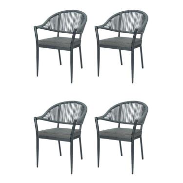 Imagem de Kit 4 Cadeiras Empilhável Amalfi Caraíva Fratini Alumínio Encosto Trama Corda Náutica Almofada Grafite