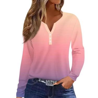 Imagem de Camiseta COTECRAM com botão em V, manga comprida, solta, rosa