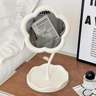 Imagem de 1 espelho de maquiagem de girassol com superfície rotativa e bandeja de armazenamento - Espelho de maquiagem inclinado portátil com design de flor semelhante a nuvem, moldura branca para, quarto