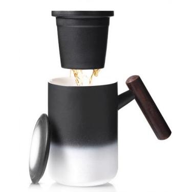 Imagem de Copo infusor de chá de porcelana de 425 g com tampa, caneca de chá de cerâmica com coador de porcelana para folhas soltas, copo de coador de chá com cabo de madeira, sem BPA, presentes para o amante