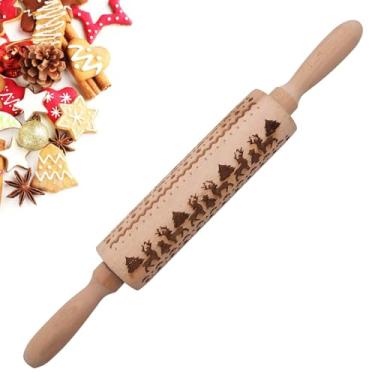 Imagem de Rolo de massa de Natal de madeira, carimbo de biscoito de 13,8 com alce e flocos de neve, rolo de pastelaria gravado, ferramenta faça você mesmo para assar nas férias
