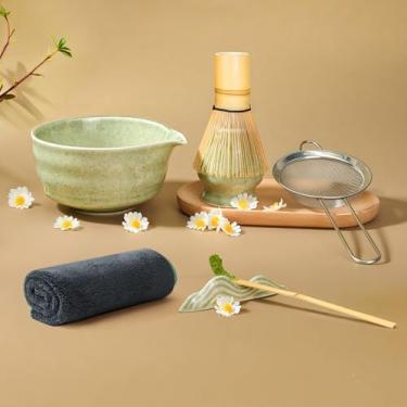 Imagem de Conjunto de batedor Matcha, conjunto de 7 peças de cerâmica matcha, kit matcha com tigela, batedor de bambu, colher, peneira, suporte, toalha de chá, conjunto de tigelas matcha para lattes, cerimônia