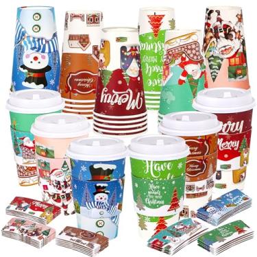 Imagem de TOTSHOM 36 peças de copos de Natal com tampas e mangas, xícaras de café de Natal 473 ml, 6 designs de copos de papel natalinos para chocolate quente, café, Natal, inverno, festas de fim de ano