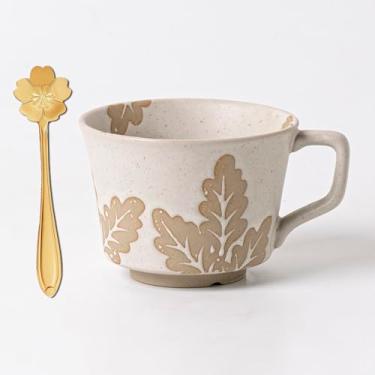 Imagem de JIGVOE Caneca de café de cerâmica feita à mão, xícara de chá, xícaras de café de porcelana de 340 g com colher de flores, canecas de café com leite de grés para chá de chocolate quente, adequado para