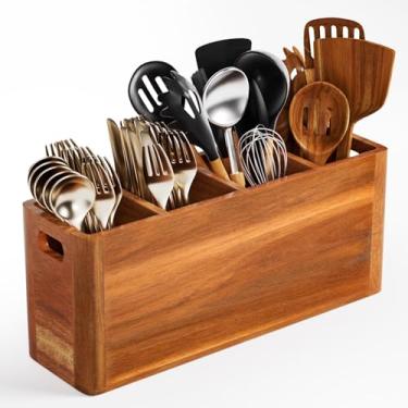 Imagem de Organizador de utensílios de cozinha de madeira extragrande – Suporte de utensílios de 4 compartimentos para balcão de cozinha ou parede, organizador de colher de madeira de fazenda para colheres de