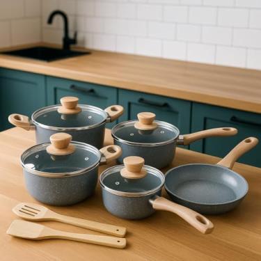 Imagem de FRATELLI MAX CHEF WOOD Jogo de Panelas Antiaderente, 8 Peças, Cinza e Azul Chumbo, Cerâmico com Cabos em Madeira, Compatível com Fogão por Indução, Vitrocerâmico, Elétrico e Gás