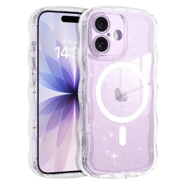 Imagem de GUAGUA Capa para iPhone 17 transparente, magnética, linda moldura ondulada encaracolada com glitter, brilhante, brilhante, brilhante, para mulheres, meninas, homens, proteção contra quedas, à prova de