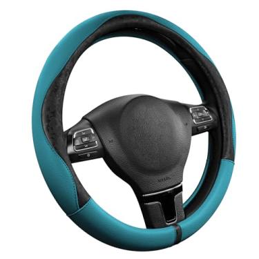 Imagem de PIC AUTO Capa de volante, estampa preta e design de retalhos de couro azul, ajuste universal de 36,8 a 39,4 cm, antiderrapante, sem odor, couro sintético macio, acessório de carro durável para meninas