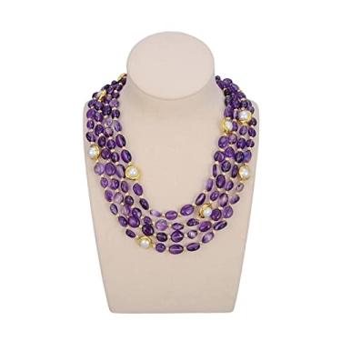 Imagem de URMIBDAI Colares femininos joias 4 linhas ametistas roxas borda áspera colar de pérola branca 45,7 cm feito à mão para mulheres