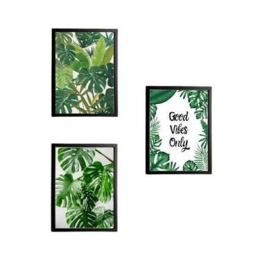 Imagem de Kit 3 Quadros Folhagens Good Vibes Only 33X24 C/Vidro Preta - Quadros 