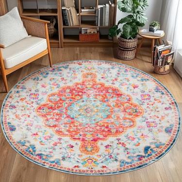 Imagem de Acetiamin Tapete redondo lavável à máquina para sala de estar, tapetes boêmios neutros para crianças, tapete antiderrapante para quarto, sala de jantar e berçário (1,8 m laranja)