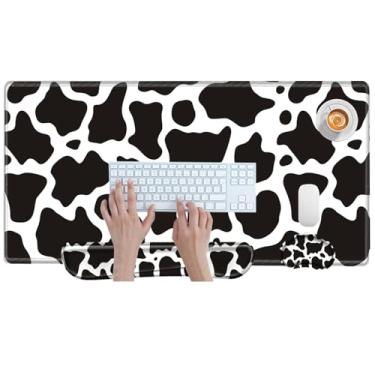 Imagem de Tapete de mesa com estampa de vaca grande mouse pad e teclado conjunto de descanso de pulso 3 em 1 tapete protetor de mesa XXL teclado com suporte de pulso para capa de mesa casa trabalho escritório