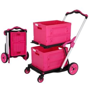 Imagem de FAHKNS Carrinho de compras com 2 caixas de armazenamento: carrinho dobrável de 2 níveis multiuso com rodas giratórias de 360° Carrinho dobrável resistente para compras, escritório, mercearia