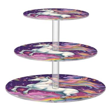 Imagem de Blueangle Suporte redondo de cupcake de 3 camadas – Torre de sobremesa acrílica de cavalo arco-íris, suporte de sobremesa em camadas antiderrapante para chá de bebê, aniversário, festa de casamento