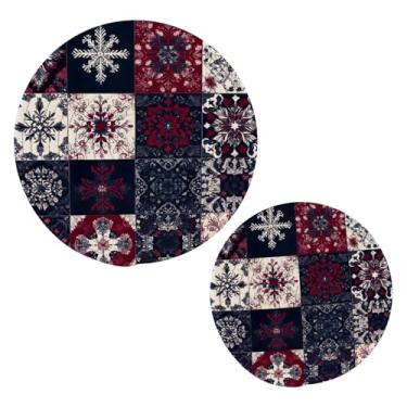 Imagem de Blueangle 2 peças de suporte de panela de retalhos de floco de neve - conjunto de pegadores de panela de tecido redondo - almofadas quentes trançadas de algodão - porta-copos - tapetes de mesa para