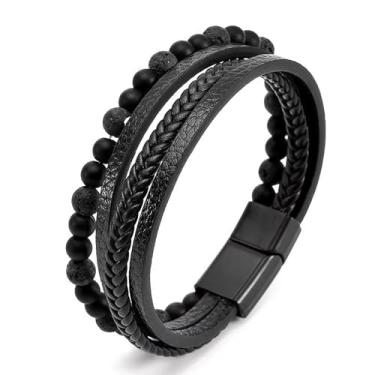 Imagem de LUCSUL Volcanicx Pulseira de bem-estar e alívio de couro preto com contas e fecho de pulseira masculina com contas de couro charmoso pulseira de contas de pedra vulcânica presente incrível para