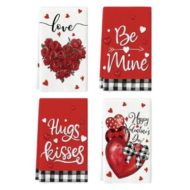 Imagem de Artoid Mode Toalha de prato rosa floral amor coração beijo dia dos namorados, 45 x 66 cm, decoração de casamento, conjunto de limpeza de 4