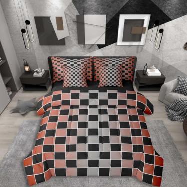 Imagem de Erosebridal Conjunto de edredom Queen xadrez preto com 7 peças, coral acinzentado, ombré em uma bolsa, conjunto de cama xadrez buffalo, para crianças e adultos, conjunto de cama de guingão