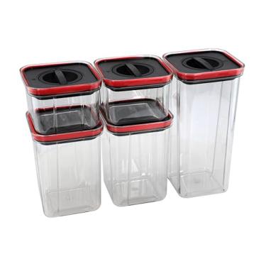 Imagem de Conjunto de Potes Herméticos com Sistema Air Lock, Livre de BPA, Empilháveis, Transparente com Tampa Preta e Vermelha, 5 Peças