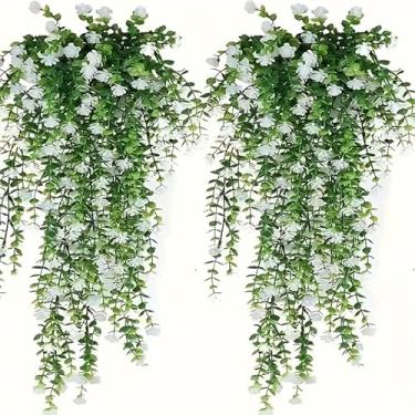 Imagem de [Resistente a UV] Vinhas artificiais de folha de eucalipto | Pacote com 2 | Plástico | Resistente a UV | Decoração ao ar livre | Ocasião de recuperação (branca)