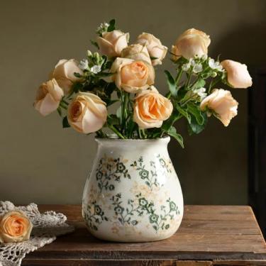 Imagem de Vaso de flores vintage, vaso de cerâmica floral chinoiserie para decoração de casa, vasos decorativos verdes e brancos para decoração de mesa de centro de mesa, vasos para sala de estar, cozinha