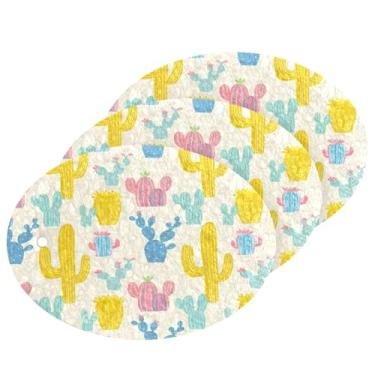 Imagem de Wassud Esponja de polpa de madeira amarela cactos para pratos, pacote com 3 esponjas de cozinha para limpeza, esfregão resistente para panelas antiaderentes, esponjas de lavar louça para pia