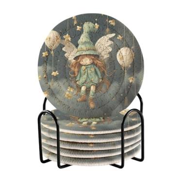 Imagem de Wassud Porta-copos com suporte menina voadora em um balão absorvente conjunto de porta-copos de bebida para decoração de casa proteção de mesa 6 peças