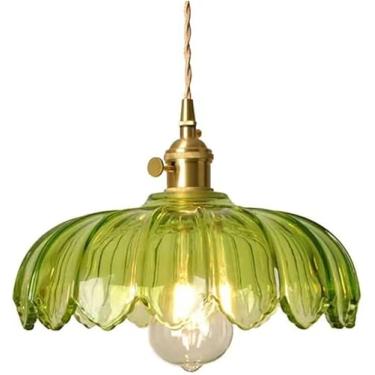 Imagem de Luminária de teto moderna em latão com cúpula de vidro verde em formato de flor e detalhes dourados, ideal para quarto, sala de estar, sala de jantar e corredor (Verde-PL)