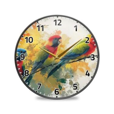 Imagem de WELLDAY Relógio de parede sem tique-taque 30,5 cm - pássaros coloridos operado por bateria relógio redondo silencioso para casa/escritório/cozinha/sala de aula