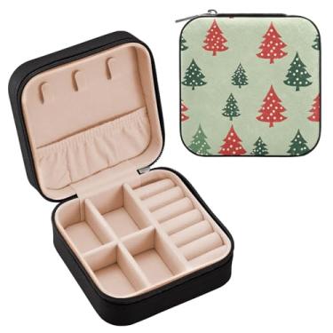 Imagem de Wassud Estojo de joias de viagem com padrão de árvore de Natal para mulheres, meninas, senhoras, noiva, mini organizador de joias de couro PU, caixa quadrada de armazenamento de joias para brincos