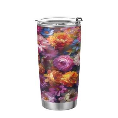 Imagem de Kigai Bela pintura a óleo flores copo de aço inoxidável 590 ml, copo de café isolado com tampa e canudo, caneca de café de viagem de parede dupla para bebidas quentes e frias