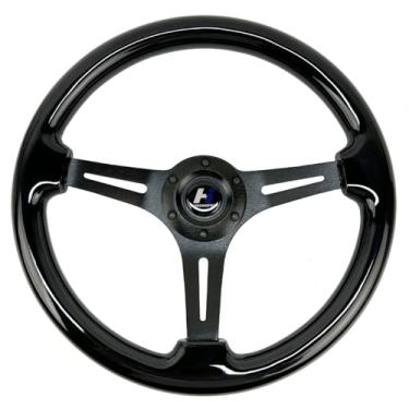 Imagem de Hiracing Volante universal de grão de madeira clássico de 35,5 cm, preto, escovado, 3 raios, 1,5 profundidade, preto, com botão de buzina, 6 parafusos (-12)