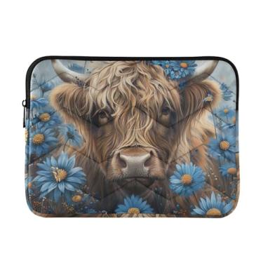 Imagem de Capa leve para laptop, pasta, bolsa de transporte de vaca cercada com flores azuis à prova de choque, capa protetora para notebook