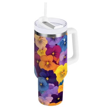 Imagem de ODAWA Copo de flores coloridas isolado a vácuo com alça e palha, copo de água grande