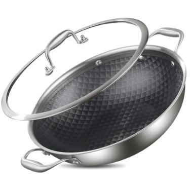 Imagem de DELARLO Frigideira Wok de aço inoxidável de 33 cm antiaderente com tampa, frigideiras, frigideiras, panela grande de indução de 5,5 QT, compatível com todos os cooktops de até 287 °C (alça dupla)