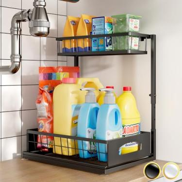 Imagem de Organizador e armazenamento sob a pia, organizador de armário ajustável em altura com gaveta deslizante, armazenamento embaixo da pia, prateleiras multiuso de pia de 2 camadas para despensa de cozinha