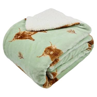 Imagem de VigorSpring Cobertor reversível de vaca Highland – 127 x 177 cm, manta de sherpa macia e quente, design fofo de animal de fazenda para meninas, crianças e adultos, roupa de cama e sofá para uso em