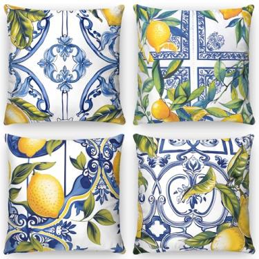 Imagem de Moukeren 4 peças de capas de almofada de limão com azulejos azuis 45,7 x 45,7 cm da Cos...