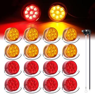 Imagem de TMH Pacote com 16 mini marcadores laterais redondos de 5 cm, 8 âmbar + 8 luzes vermelhas com refletores, luzes de folga de 9 LEDs, trança de arame selada à prova d'água para caminhão de reboque, van e