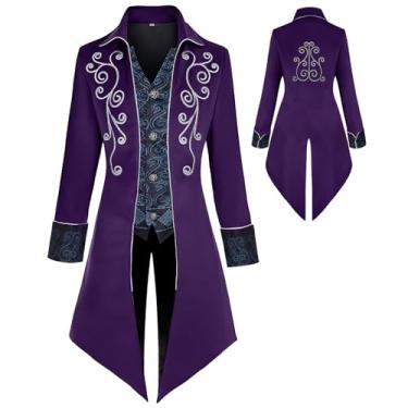 Imagem de KDAFJLKD Roupas Medievais Fantasias Masculinas Jaqueta Steampunk, Fraque Gótico Vitoriano, Fantasias de Vampiro Pirata de Halloween (Roxo, Médio)